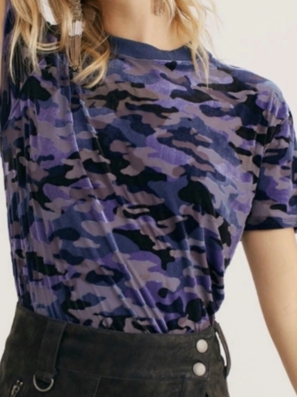 Free People Oversized Blue Camo Short Sleeve Women's Top